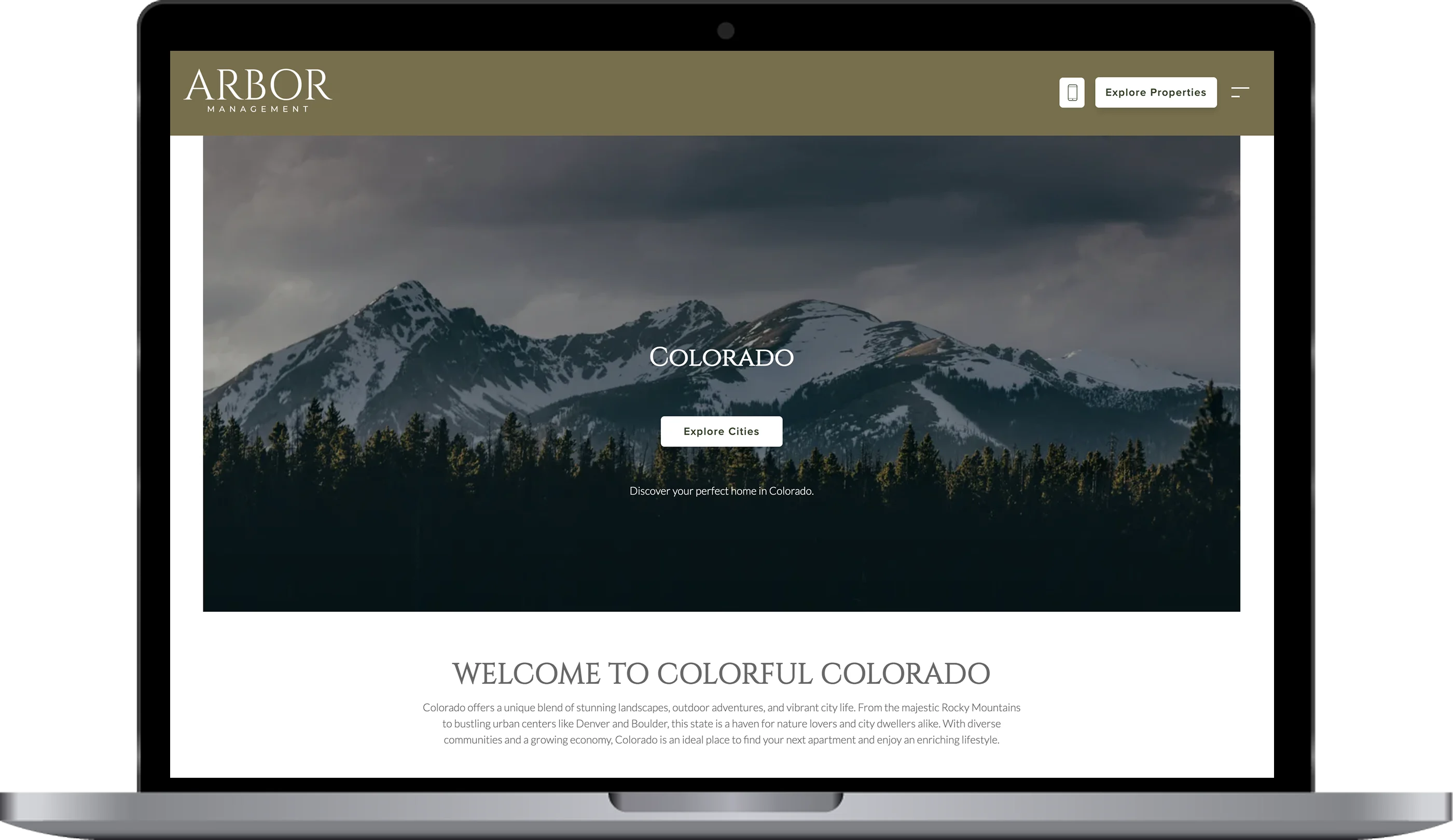 Welcome to Colorful Colorado Laptop displaying a scenic website about Colorado with mountain imagery and inviting text.