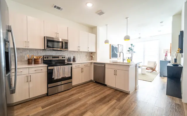 Modern Kitchen Interior A modern kitchen featuring stainless steel appliances, light wood cabinetry, and a stylish countertop with decorative elements.