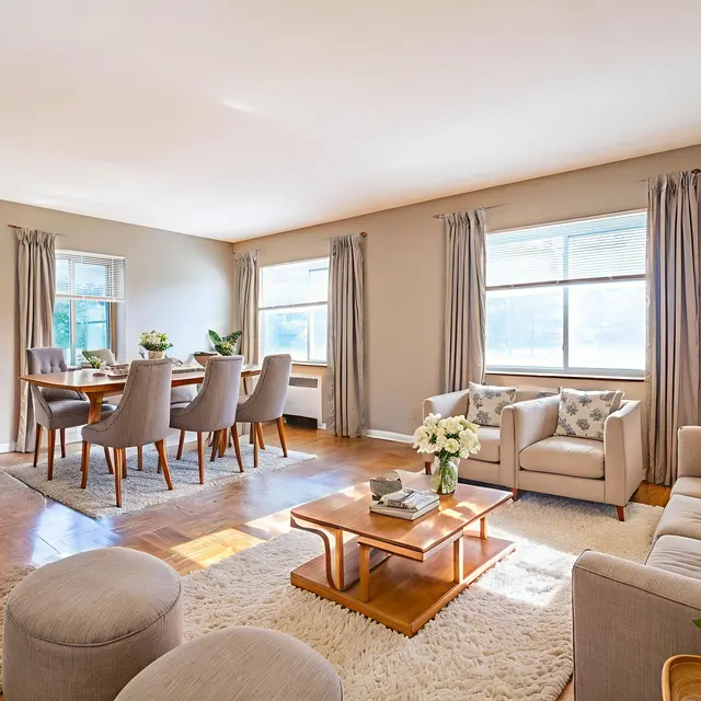 A bright and spacious living room featuring a dining area with a wooden table and beige chairs, light beige walls, large windows with curtains, and a comfortable seating area with a sofa and coffee table.