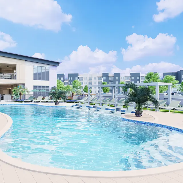 A modern pool area featuring a large pool, lounge chairs, and a contemporary building in the background, with green palm trees and blue skies.