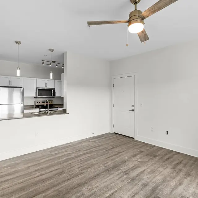 A modern apartment interior featuring a spacious living area with wooden flooring, a ceiling fan, and an open kitchen with stainless steel appliances. The entrance to the apartment is visible, along with a door leading outside.