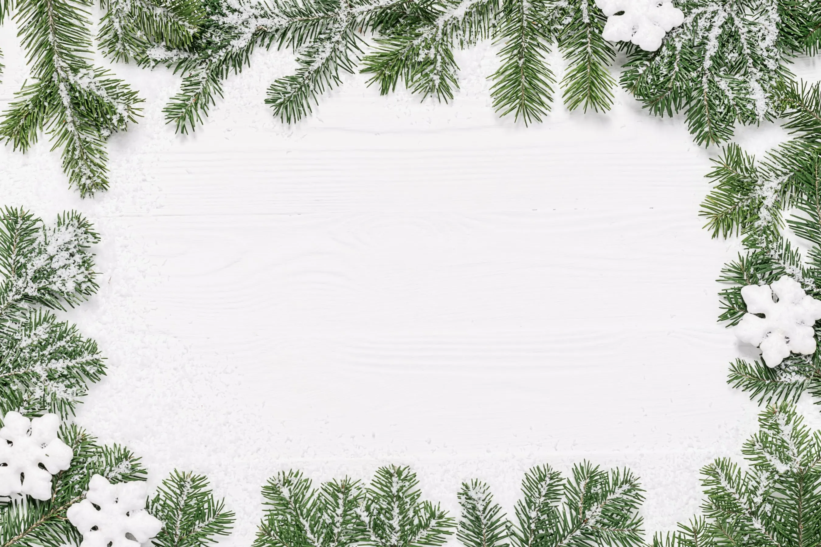 Winter Foliage Background A winter-themed background featuring green pine branches and white snowflakes arranged around a blank center on a white wooden surface.