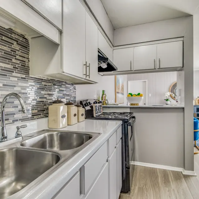 A spacious kitchen featuring dual sinks, a modern backsplash with gray tiles, and white cabinetry. The kitchen opens up to a living area with natural light and potted plants.