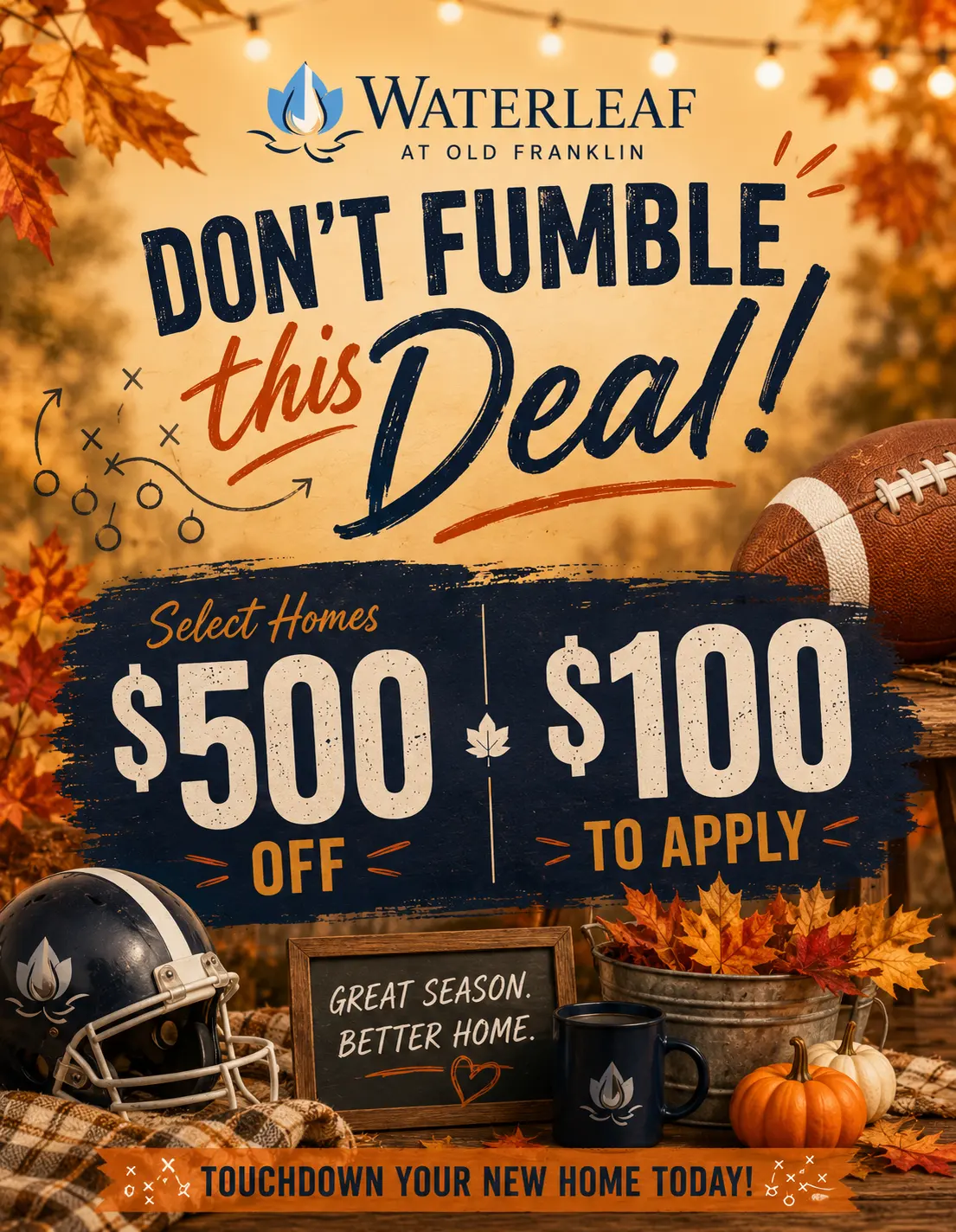 Promotional flyer for Waterleaf at Old Franklin highlighting a special offer for select homes.