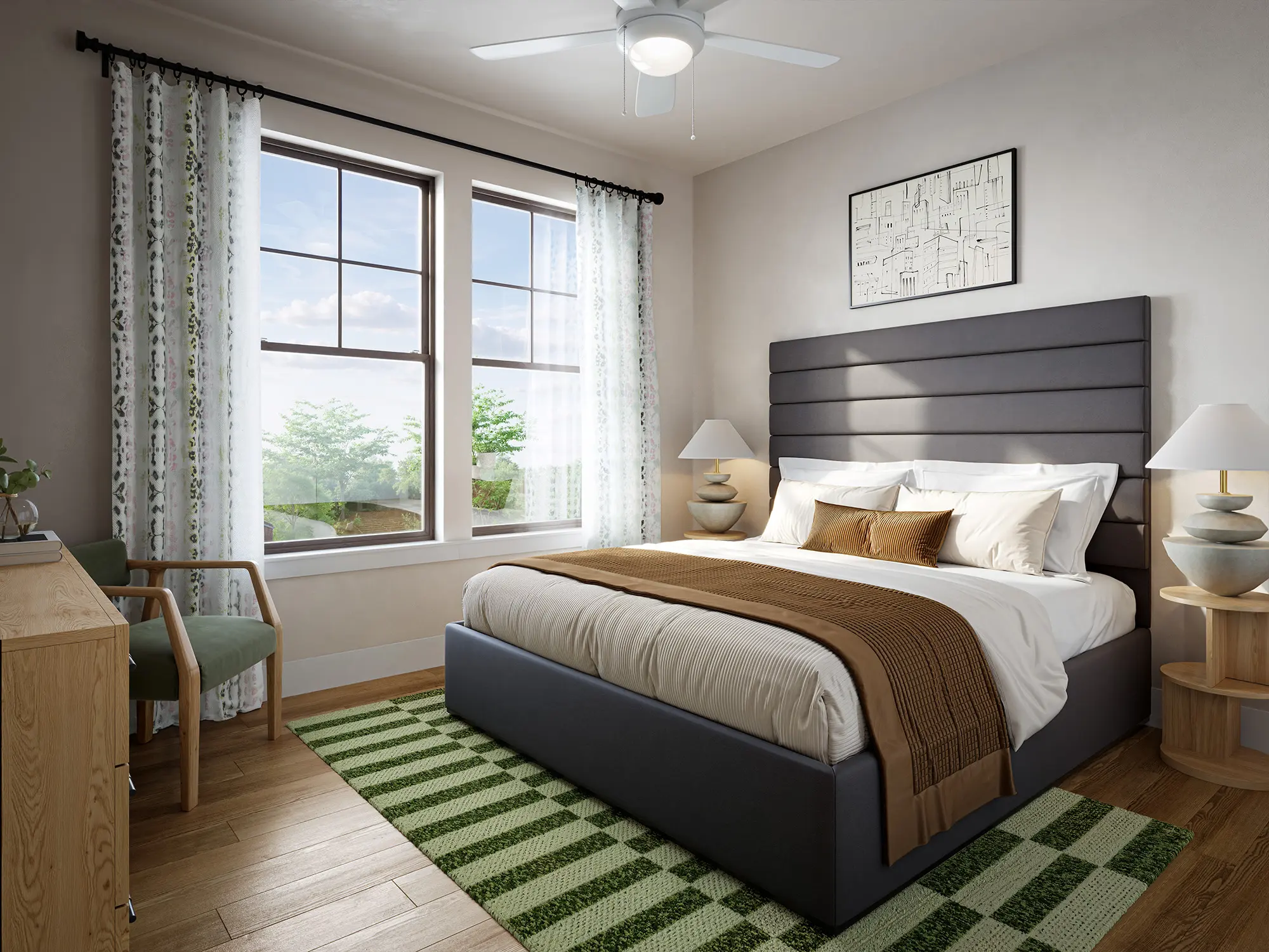 A modern bedroom featuring a large bed with white bedding and brown accents, two windows with sheer curtains, a green and white striped rug, two chairs, and a simplistic wooden dresser.