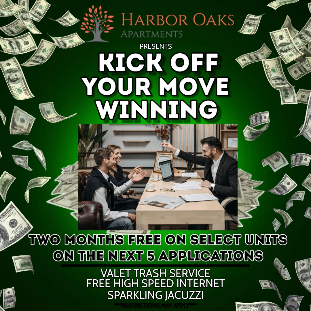 Promotional flyer for Harbor Oaks Apartments featuring a green background with dollar bills, a table with two men discussing, and text about a rent promotion.