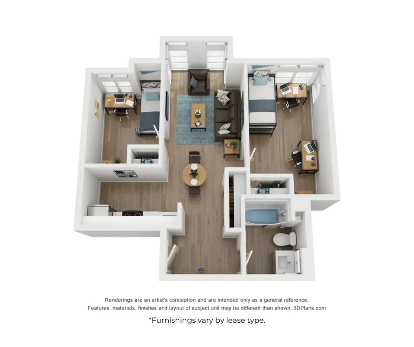 An overhead view of a modern apartment layout showing two bedrooms, a living room, and a bathroom. The rooms are furnished with beds, desks, couches, and a dining table, depicted in a spacious and organized manner.