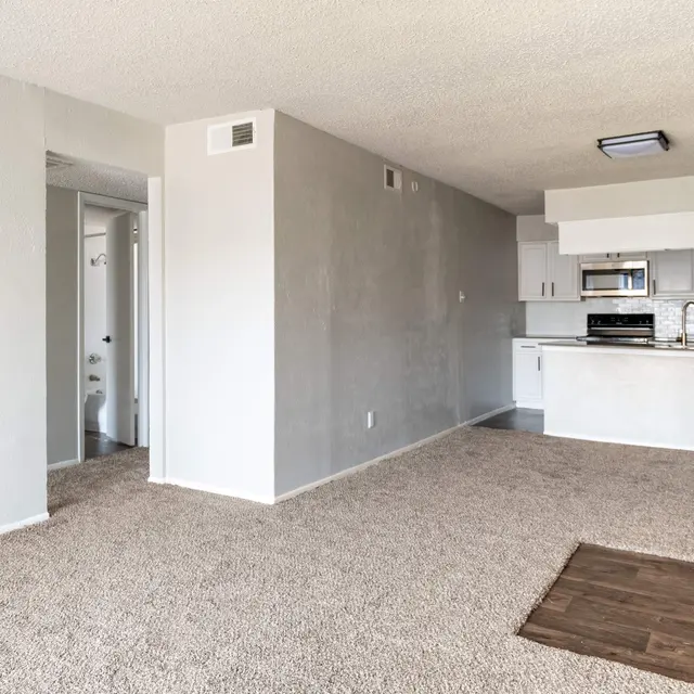 A spacious apartment living area with beige carpeting and gray walls. The kitchen is visible in the background featuring stainless steel appliances and a breakfast bar. A hallway leads to a bathroom.