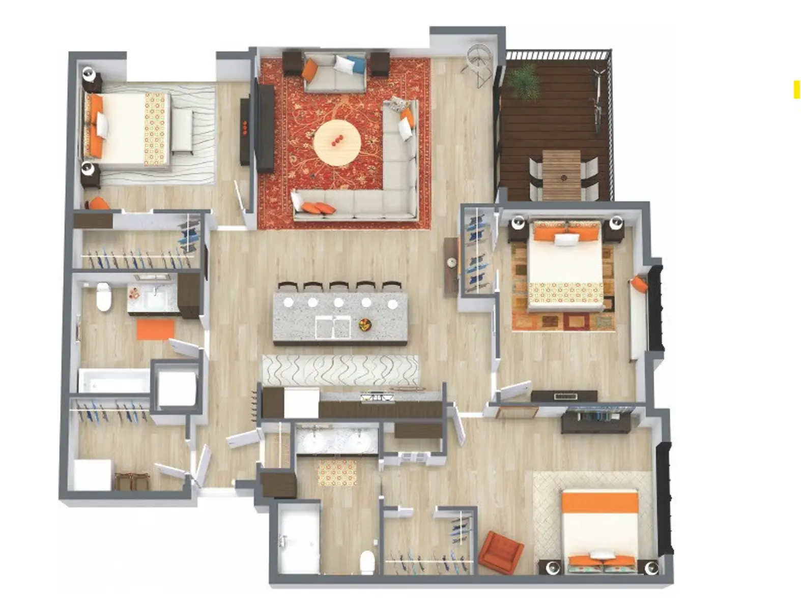 A detailed floor plan layout showing different rooms and areas in an apartment, including living room, kitchen, bedrooms, and dining area.