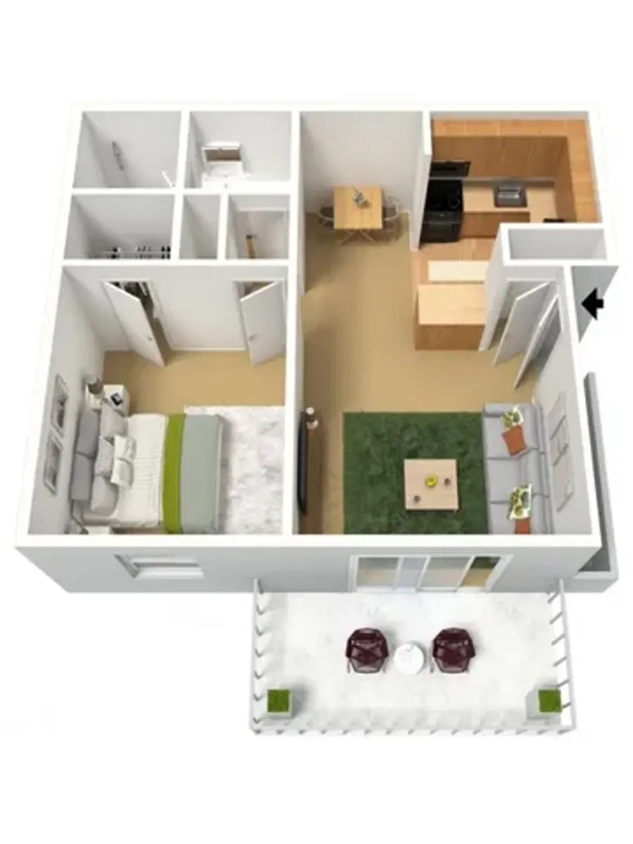 An architectural floor plan of a one-bedroom apartment featuring a living area, kitchen, bathroom, and an outdoor patio with seating.