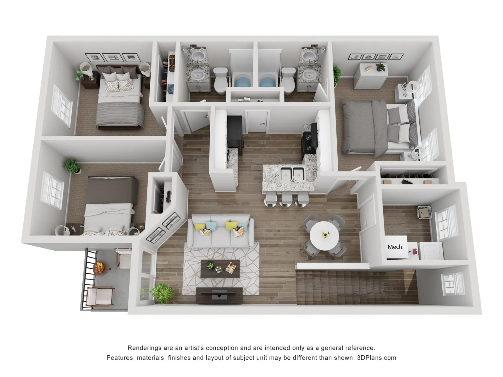 3D floor plan of a modern apartment layout featuring two bedrooms, a living room, dining area, kitchen, and two bathrooms.