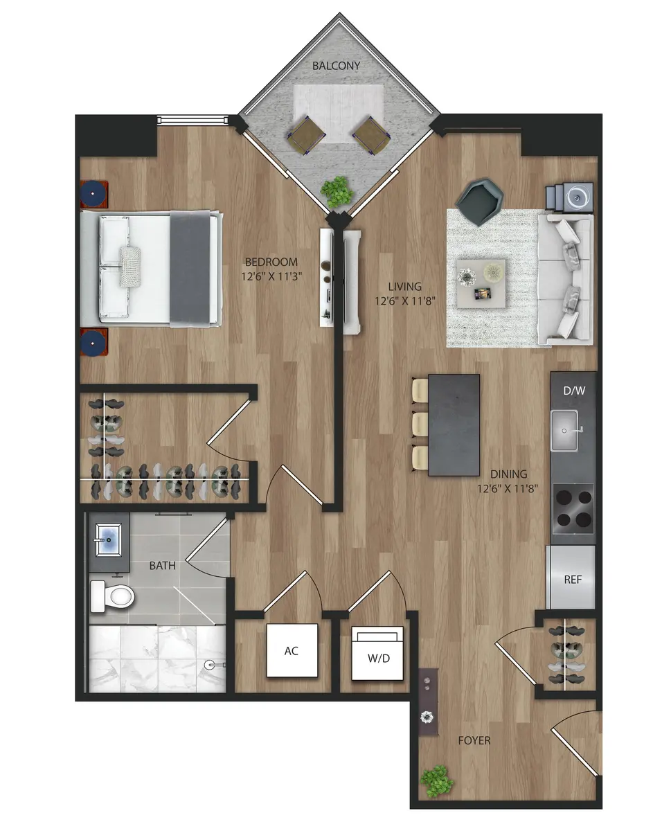 A detailed floor plan of a one-bedroom apartment with dimensions labeled for each area. The layout includes a bedroom, living room, dining area, kitchen, bathroom, foyer, and a balcony at the top. Measurements are indicated in feet.