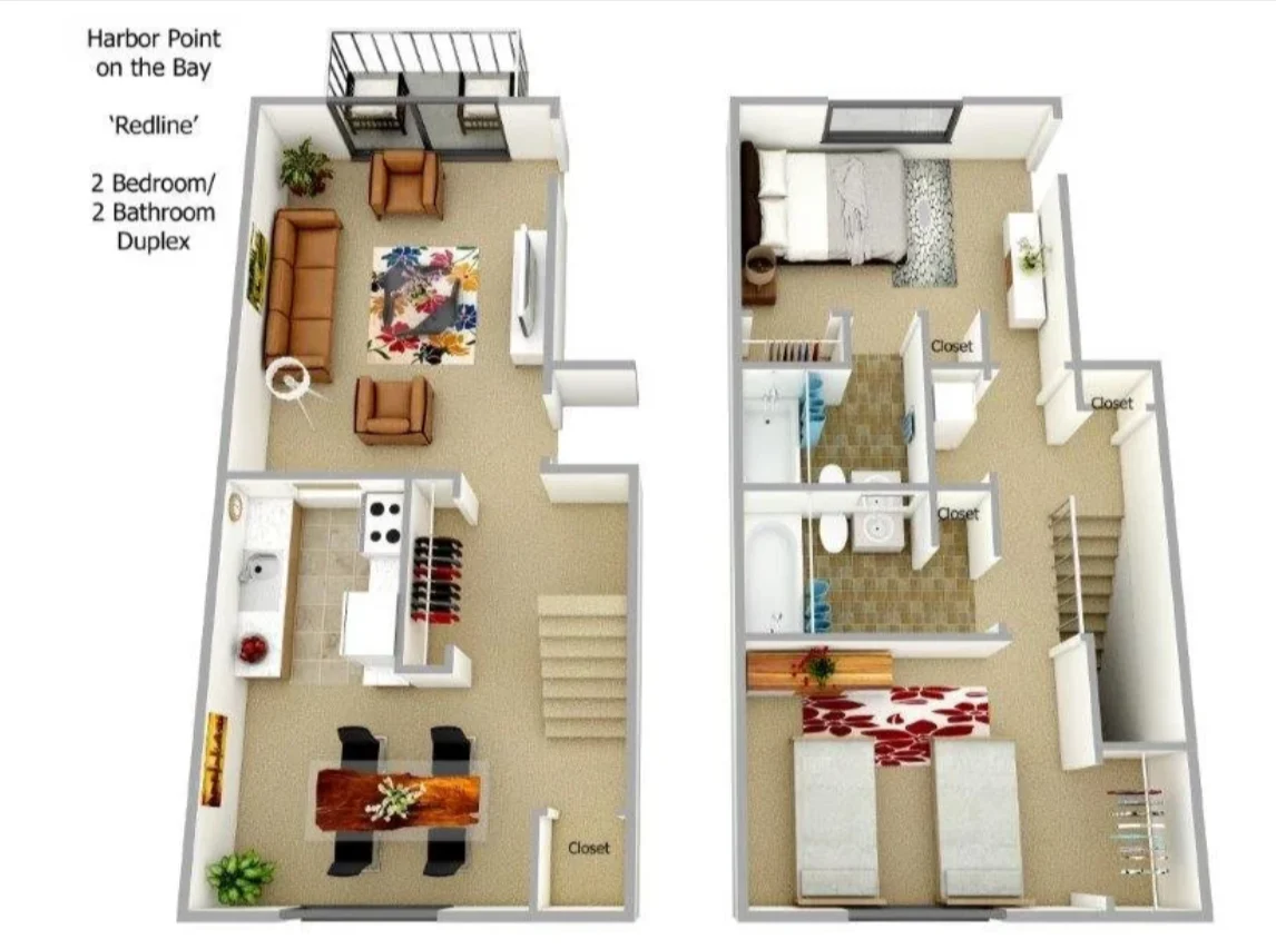 Duplex Floor Plan - Harbor Point on the Bay A floor plan for a two-bedroom, two-bathroom duplex layout at Harbor Point on the Bay. It features a living room, dining area, kitchen, and dedicated spaces for bedrooms and bathrooms.