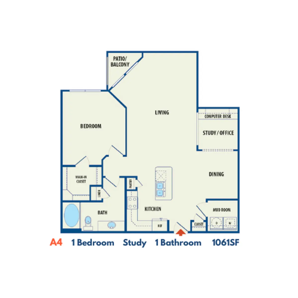 1 Bedroom Apartment Layout A4 Floor plan of a one-bedroom apartment featuring a study and one bathroom, with labeled areas such as living room, kitchen, dining, and patio/balcony.
