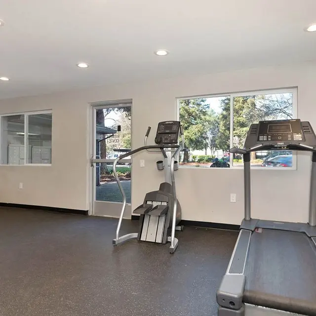 A modern gym interior featuring exercise equipment including treadmills and stationary bikes.