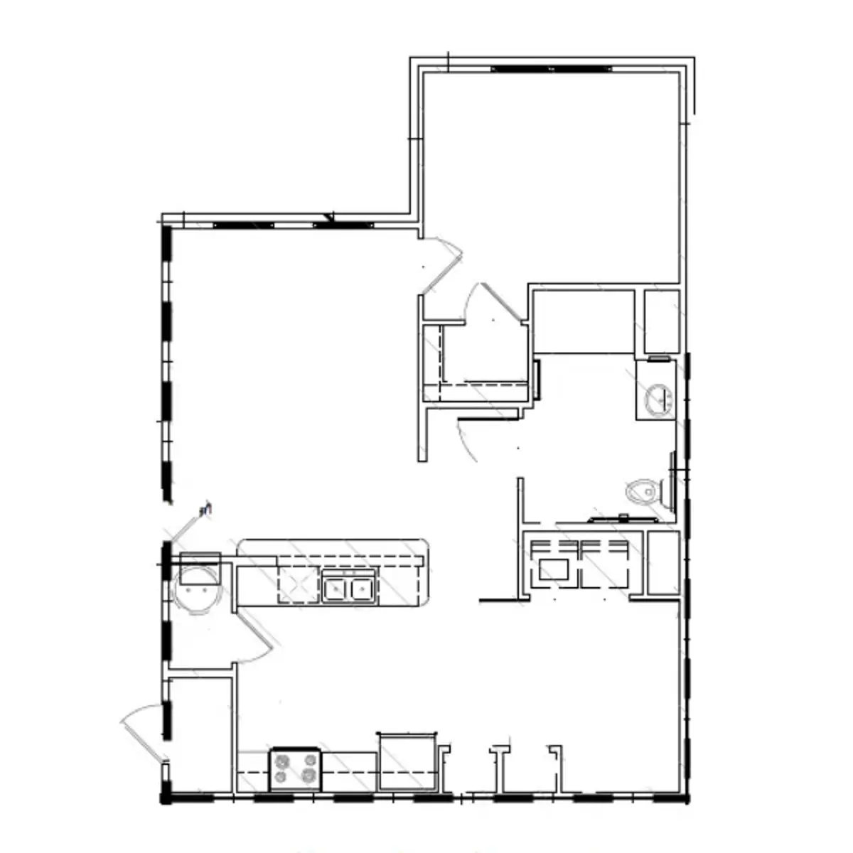 A black and white floor plan diagram of a single-story residential space, outlining various rooms including a kitchen, living area, bathrooms, and two bedrooms.