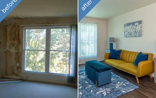 A side-by-side comparison of a room. On the left is a bare, unfinished space with peeling walls and no furniture. On the right is a beautifully furnished room with light-colored walls, a vibrant yellow sofa, a blue ottoman, and decorative elements including a rug and wall art.