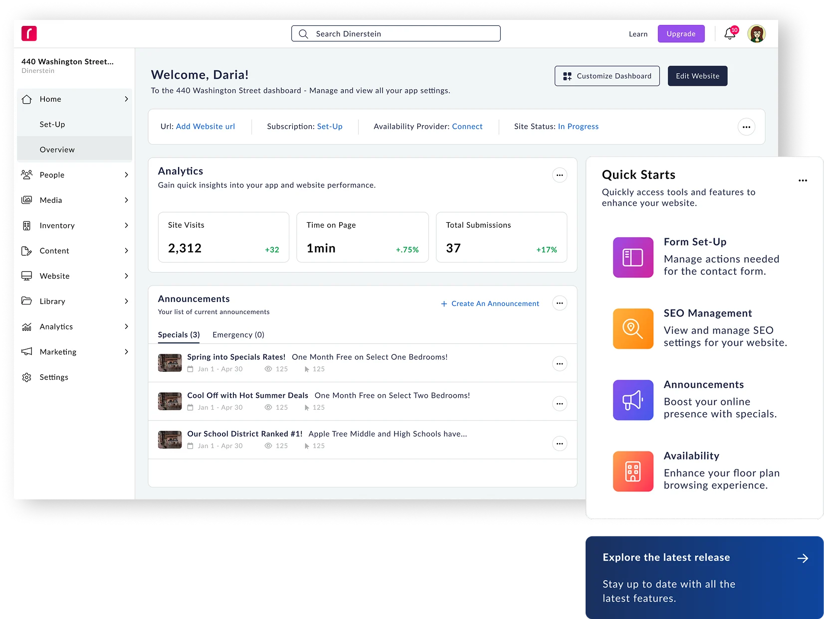 Website Management Dashboard Screenshot of a dashboard interface displaying analytics and management tools for a website