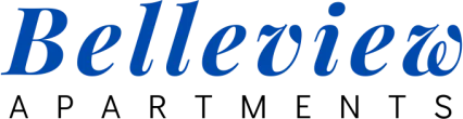Logo for Belleview Apartments with the word 'Belleview' in stylized blue font and 'APARTMENTS' in black serif font underneath.