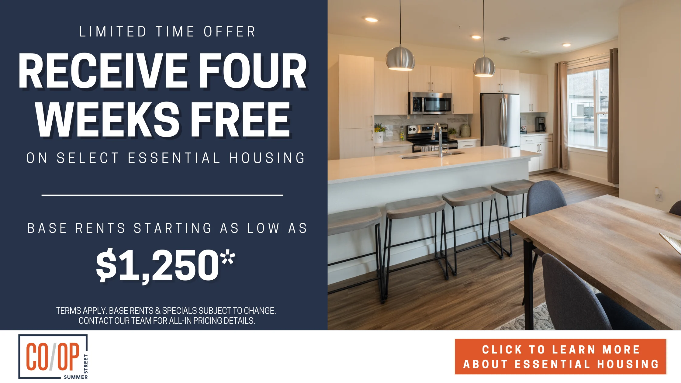 Four Weeks Free on Essential Housing Promotional image for essential housing with a kitchen setting and rental offer details.