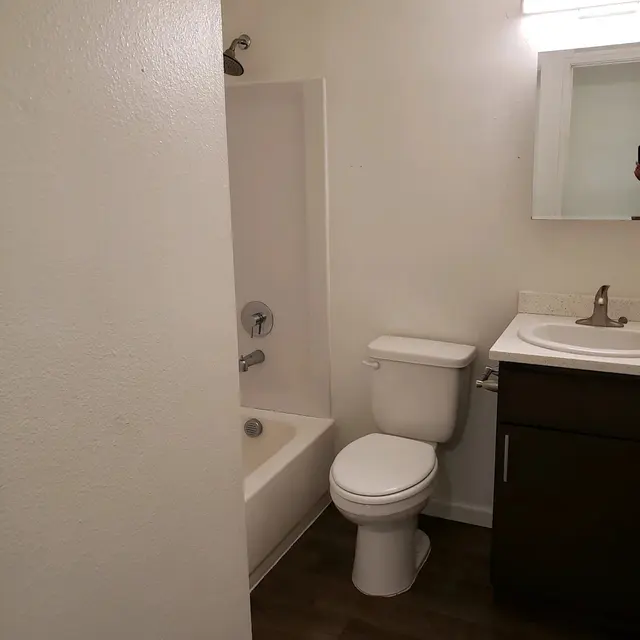 A clean, well-lit bathroom featuring a bathtub with shower, a toilet, and a sink with a mirror above it. The floor is dark wood, and the walls are painted white.