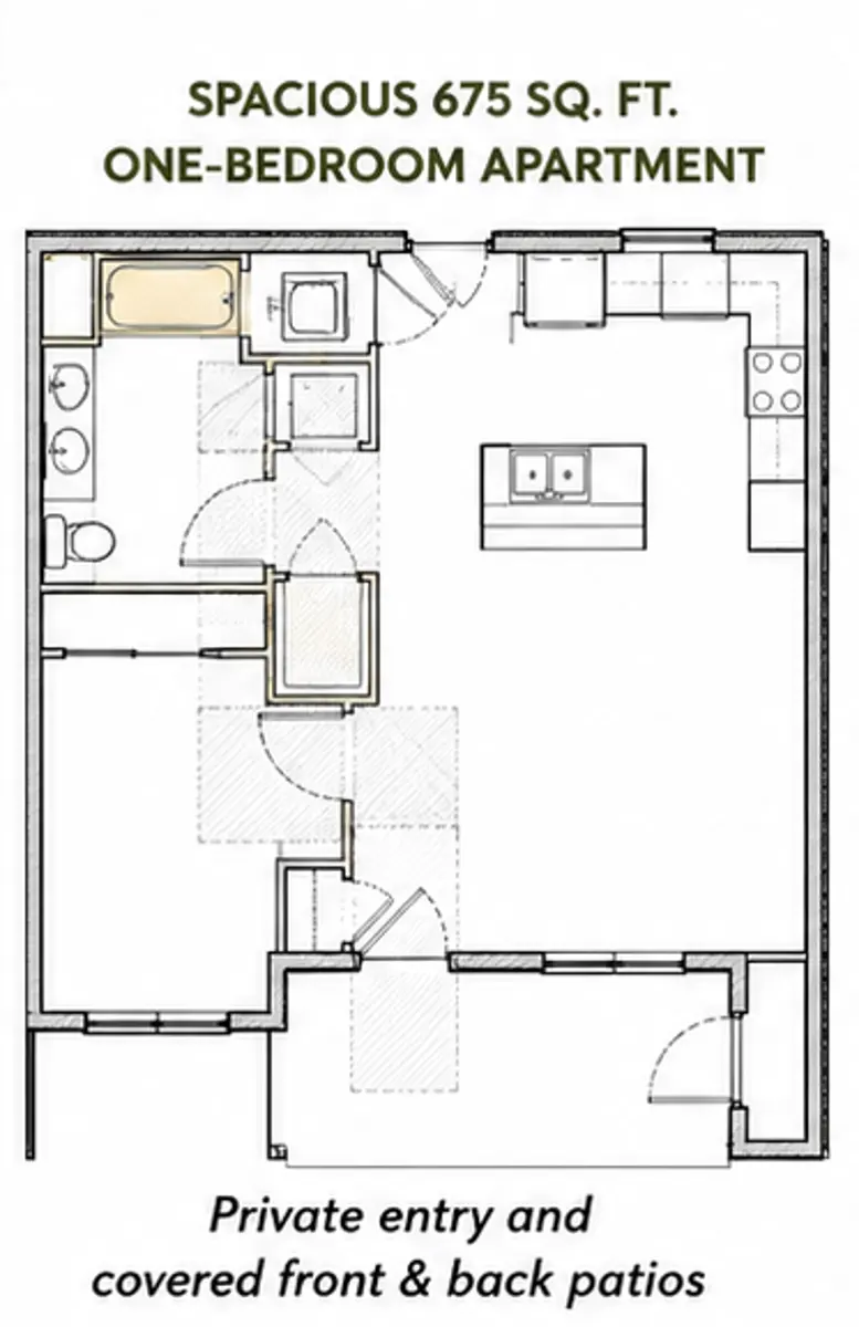 Floor plan of a one-bedroom apartment showing layout of rooms and amenities.