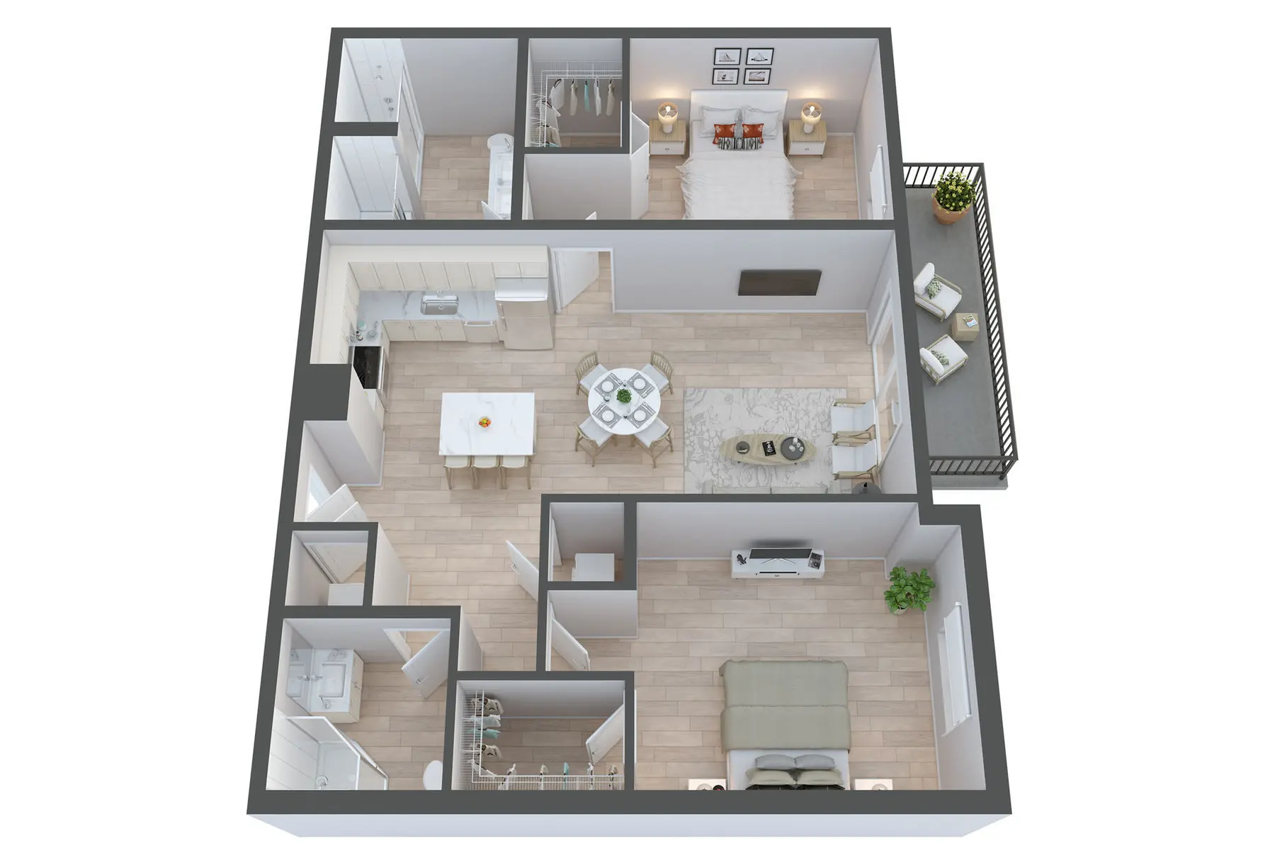 Apartment Layout Design A top-down view of a modern apartment layout featuring two bedrooms, a living room, a dining area, and a balcony. The design includes a kitchen and two bathrooms, with minimalistic decor and light-colored flooring.
