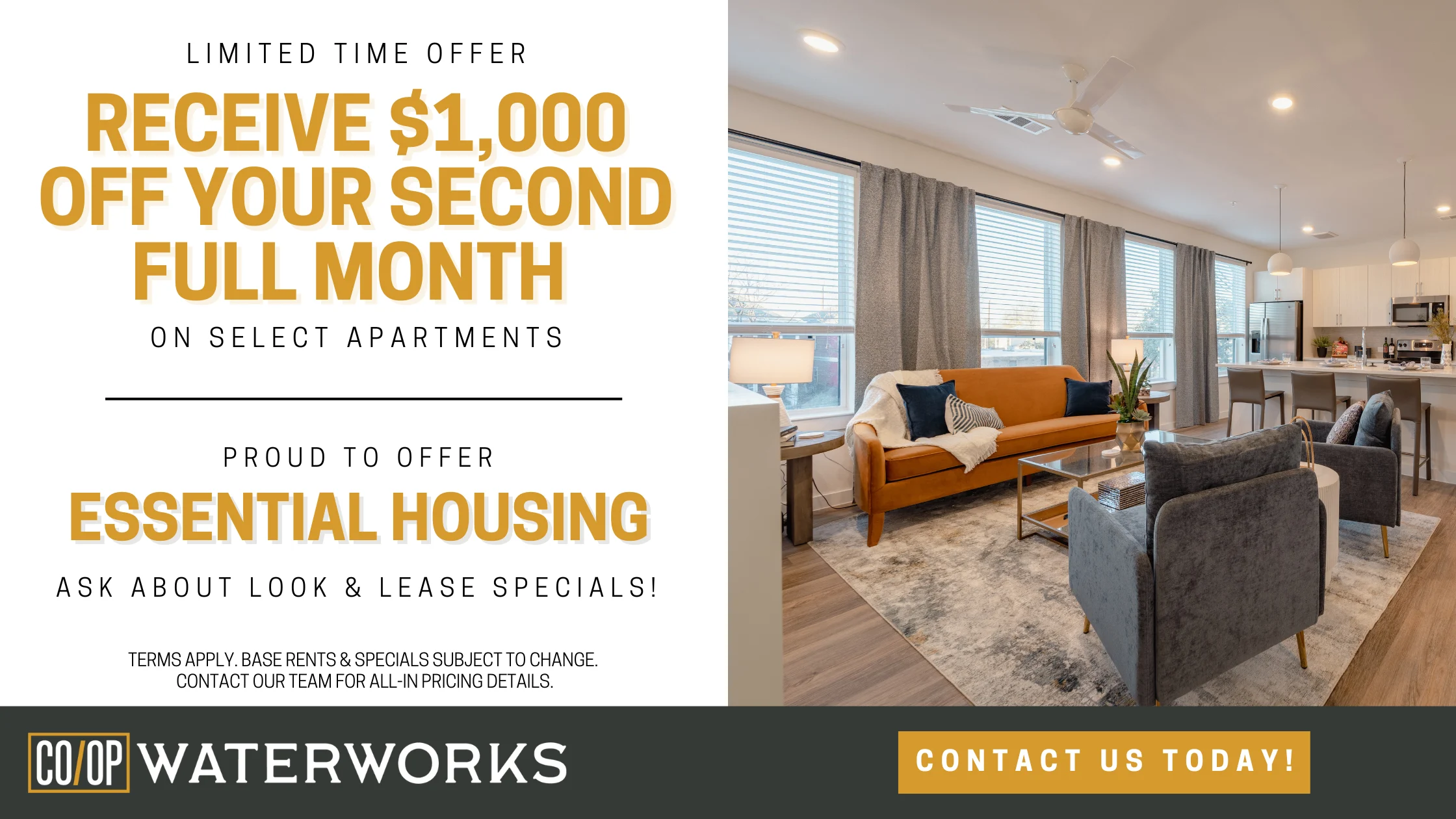 Promotional advertisement offering $1,000 off the second full month on select apartments at Co-op Waterworks.