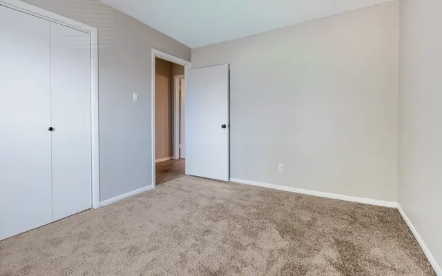 An empty room with beige walls and light brown carpet, featuring two doors leading to closets and another room.