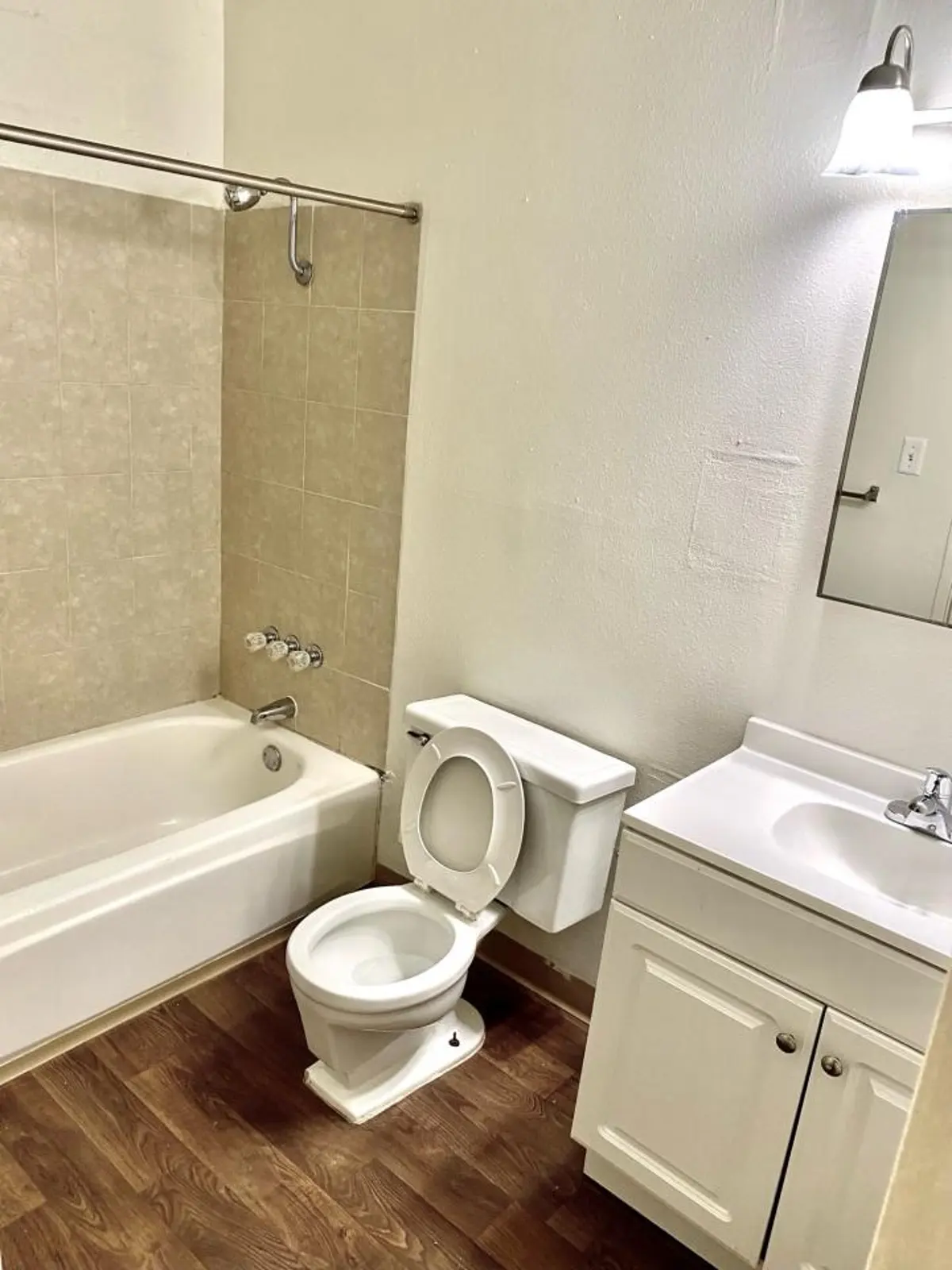 Bathroom with a tub and shower, toilet and white vanity.