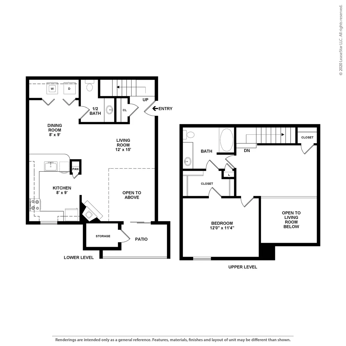 A floor plan of a two-level house showing various rooms and their dimensions. The lower level includes a dining room, living room, kitchen, half bath, and a patio with a lower storage area. The upper level features a bedroom, bathroom, and an open area to the living room below.