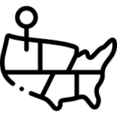 Simplified outline illustration of the United States map with a marker point.