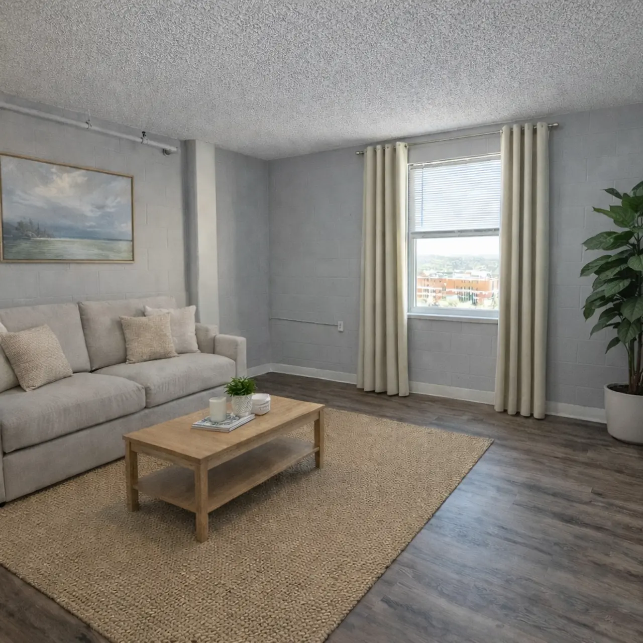 A modern living room featuring a light-colored sofa with pillows, a wooden coffee table, and a potted plant. The room has a large window with sheer curtains and a painting on the wall, lending a bright and airy feel.