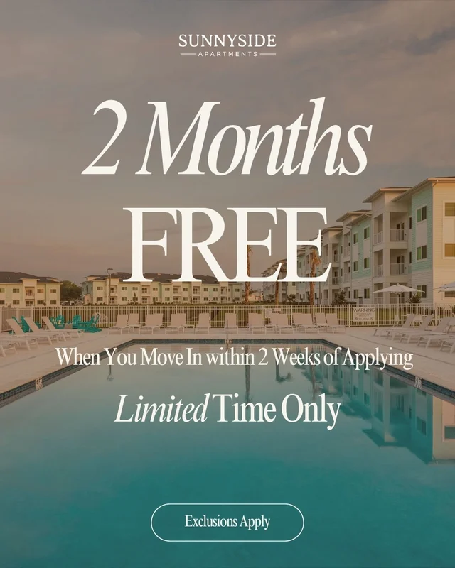 Promotional advertisement for Sunnyside Apartments offering 2 months free rent when moving in within 2 weeks of applying, featuring a poolside view of the apartment complex.