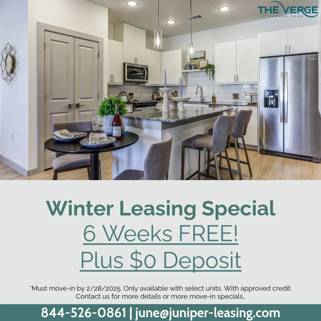 Promotional advertisement for a winter leasing special featuring a modern kitchen and dining area