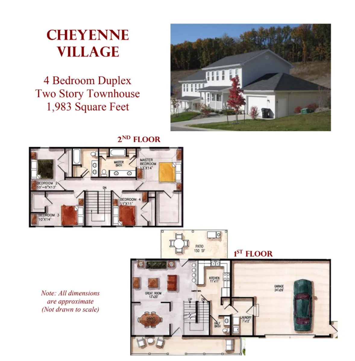 Floor plan for a four-bedroom duplex townhouse, including first and second floor layouts.