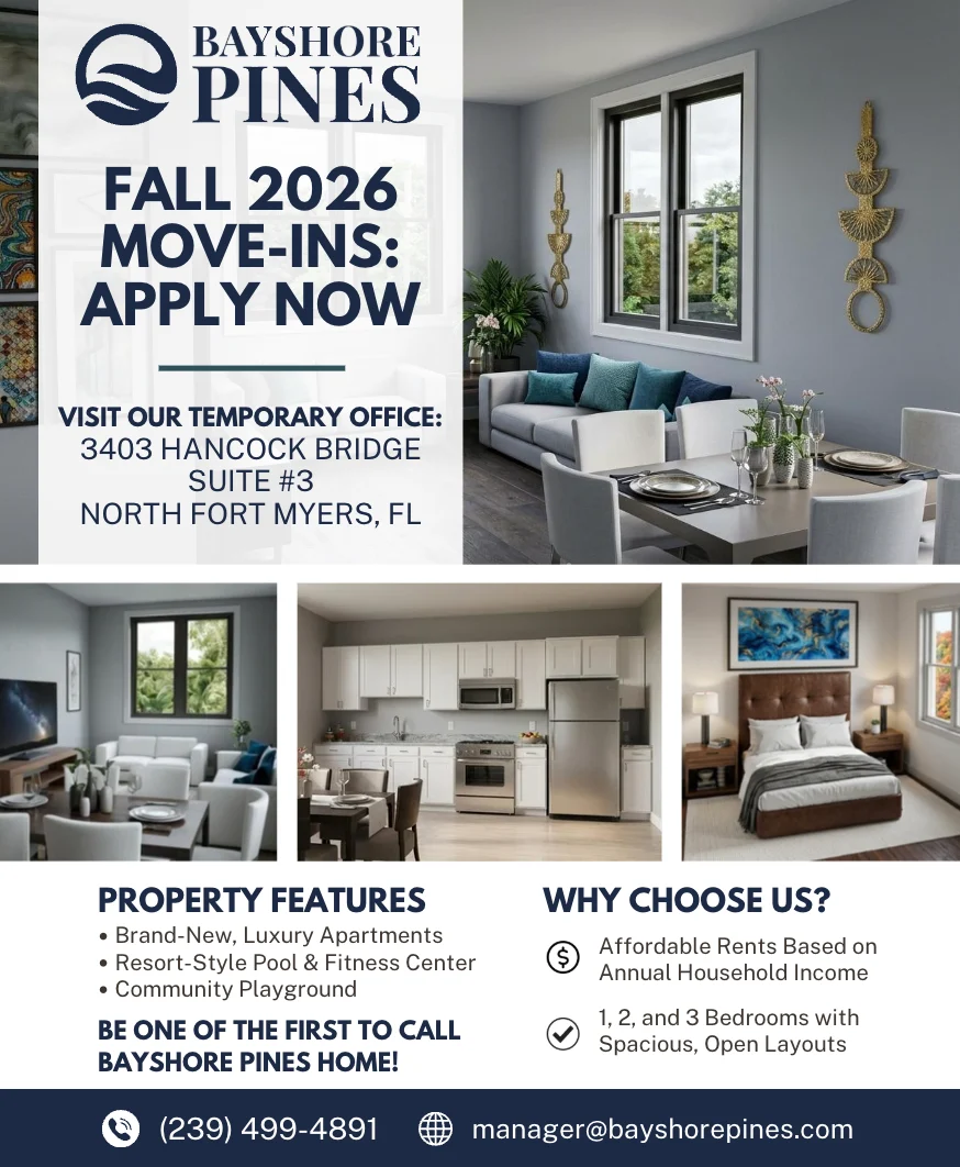 Promotional flyer for Bayshore Pines featuring images of living room and bedroom interiors, along with property details and contact information.