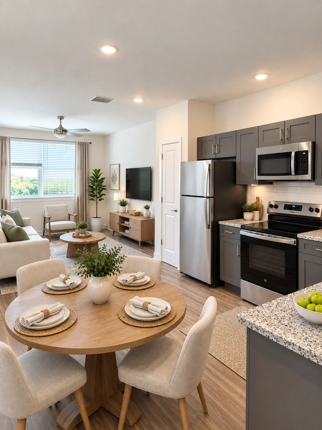 A modern kitchen and dining area featuring a round wooden dining table set for four, gray cabinetry, stainless steel appliances, and a cozy living space visible in the background.