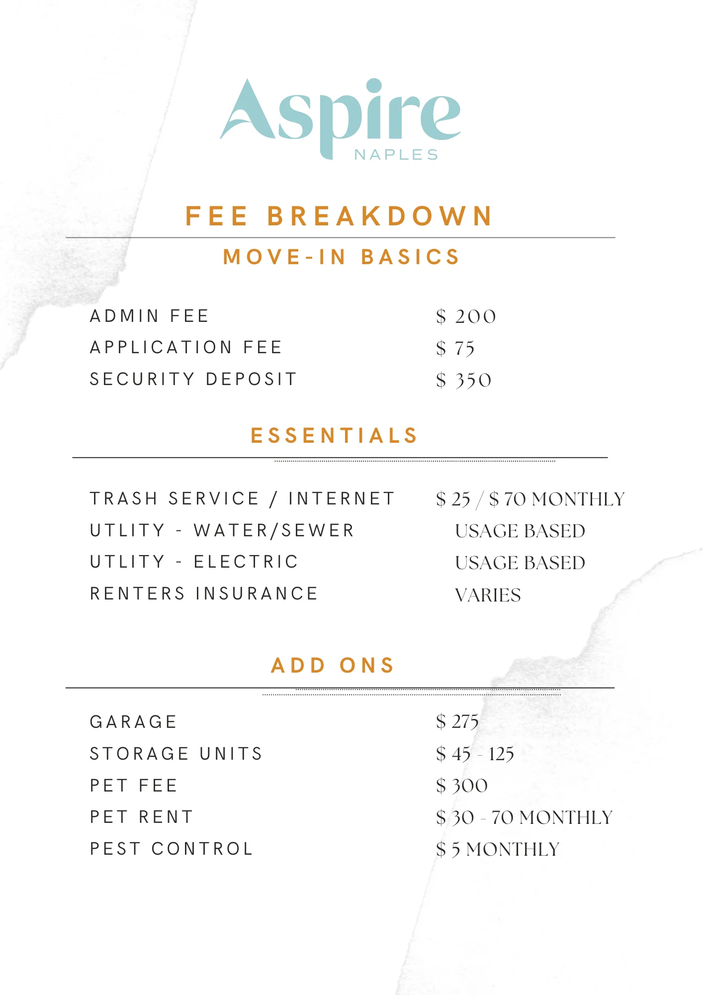 Fee breakdown for Aspire Naples detailing move-in basics, essentials, and add-ons.