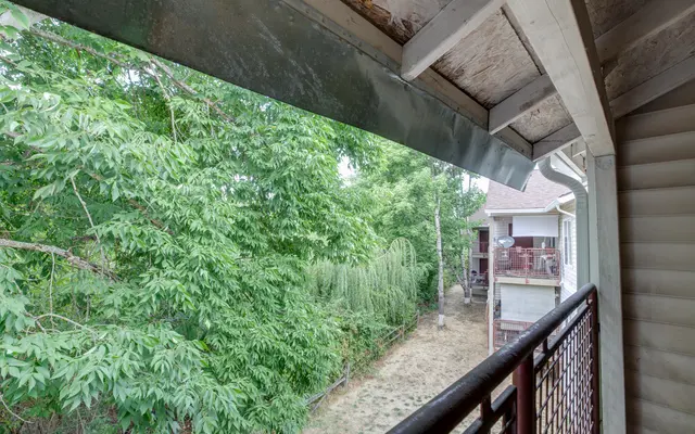 A view from a balcony overlooking lush green trees and neighboring houses.