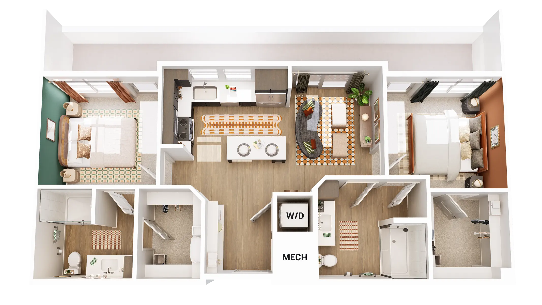 A top-down view of a modern apartment layout featuring two bedrooms, a living area with a kitchen island, and two bathrooms. The space is organized with labeled areas for laundry (W/D) and mechanical (MECH).