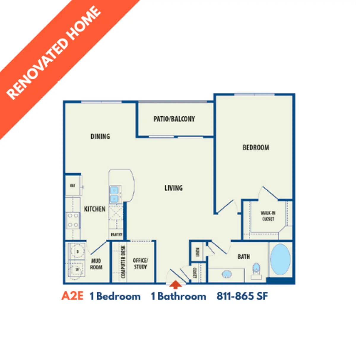 A floor plan for a renovated home featuring one bedroom, one bathroom, a kitchen, a dining area, and a patio or balcony.