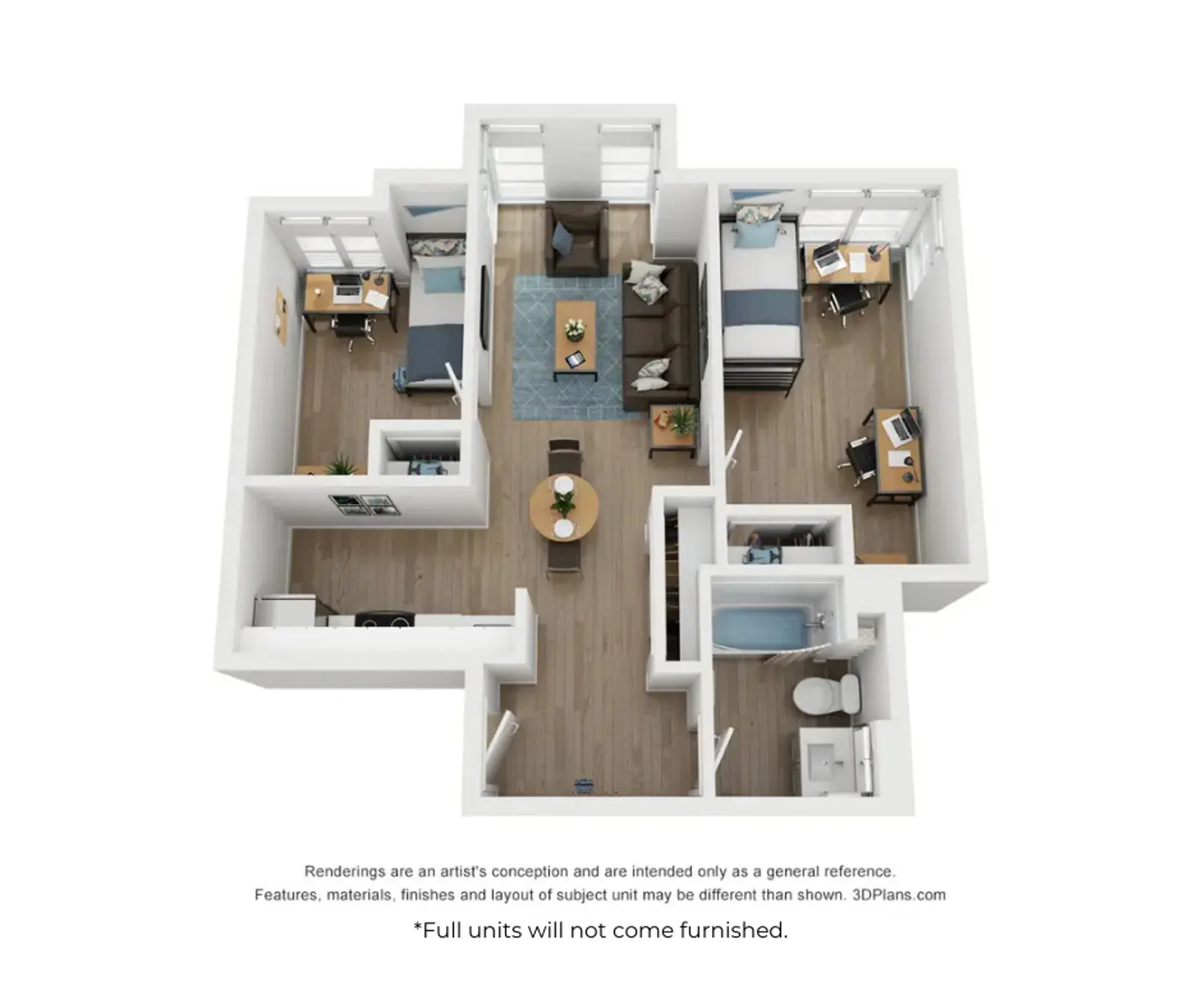 A top-down view of a furnished apartment layout, featuring two bedrooms, a living area, a dining space, a kitchen, and a bathroom, with modern furnishings and decor.