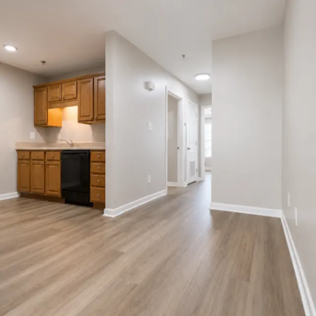 Interior view of a modern kitchen and living area with wooden cabinets and light-colored walls.