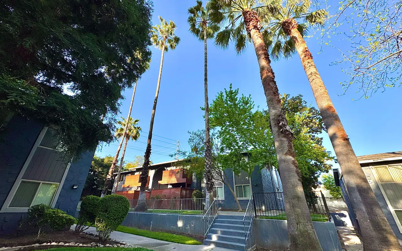 A view of an apartment complex featuring palm trees, lush greenery, and a clear blue sky.