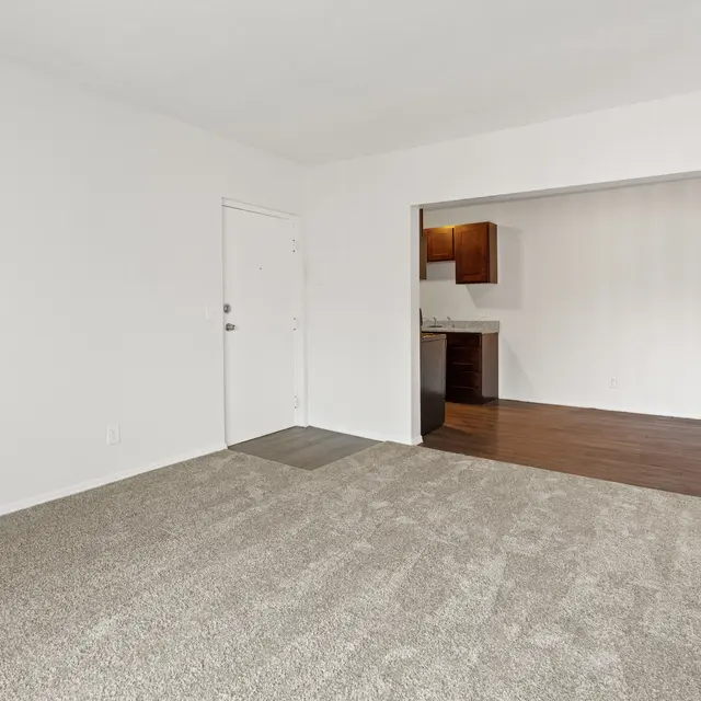 Empty living room area with beige carpet and a doorway leading to a kitchen.