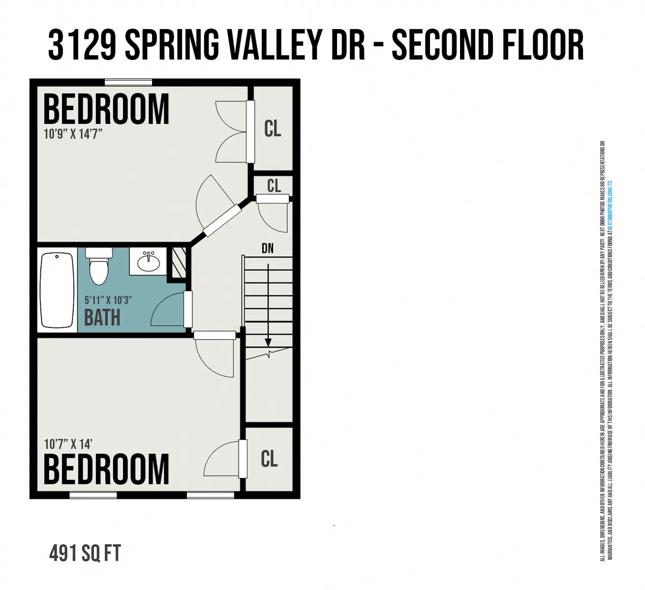 Blueprint layout of the second floor of a residential unit showing two bedrooms and a bathroom.