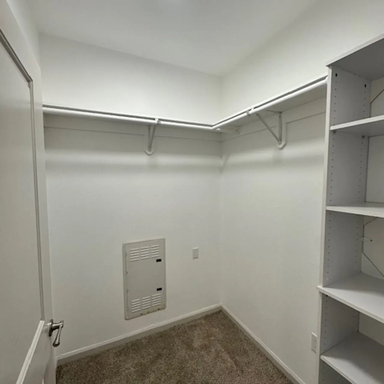 A spacious walk-in closet with beige carpet, white walls, a light fixture, and two sections: hanging rods on the left and shelving units on the right.