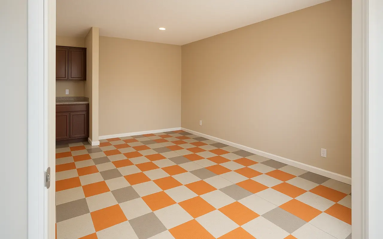 An empty room with a checkered floor in orange, gray, and white, with beige walls and a small kitchenette in the background.