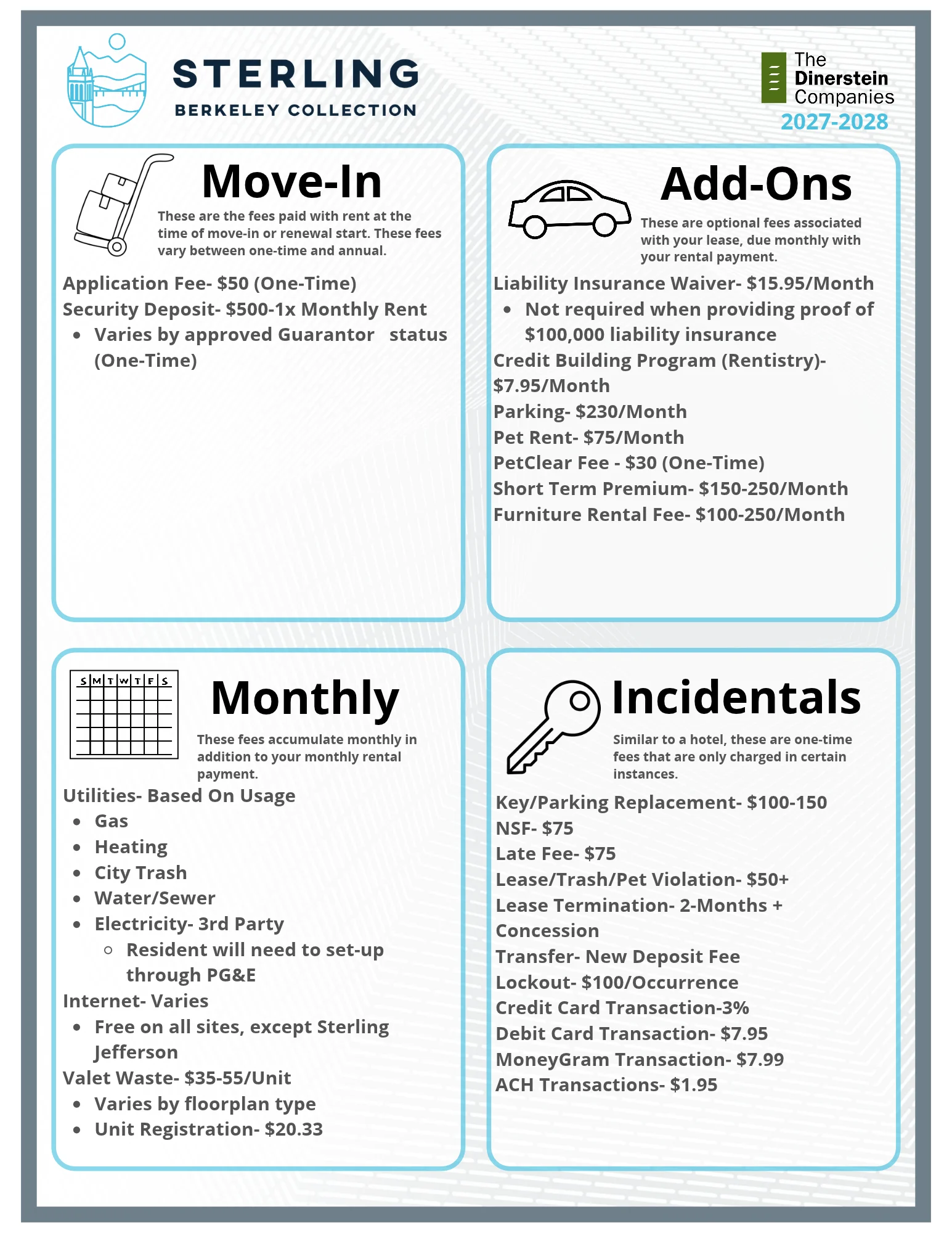 Information sheet detailing fees related to move-in, add-ons, monthly expenses, and incidentals for Sterling Berkeley Collection by The Dimenstein Companies.